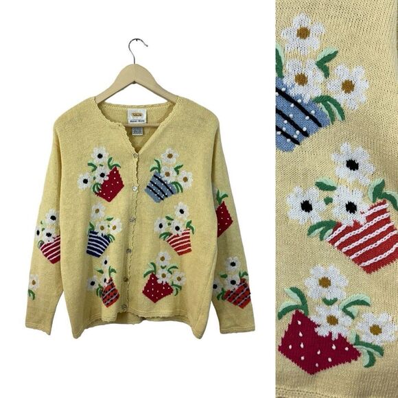 Vintage Talbots Medium Hand Knit Sweater Cardigan Linen Cotton Womens - Picture 1 of 16